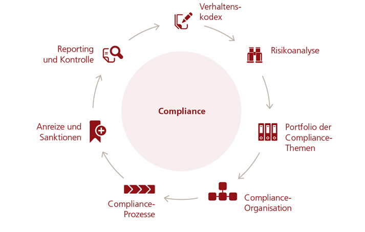 Compliance:  Anreize und Sanktionen > Reporting und Kontrolle > Verhaltenskodex > Risikoanalyse > Portfolio der Compliance-Themen > Compliance-Organisation > Compliance-Prozesse 